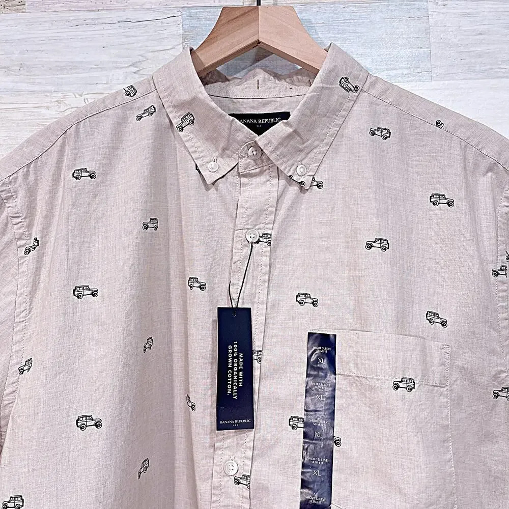 Banana Republic Slim Fit Jeep Print Shirt Beige Cotton Lawn Casual Mens XL